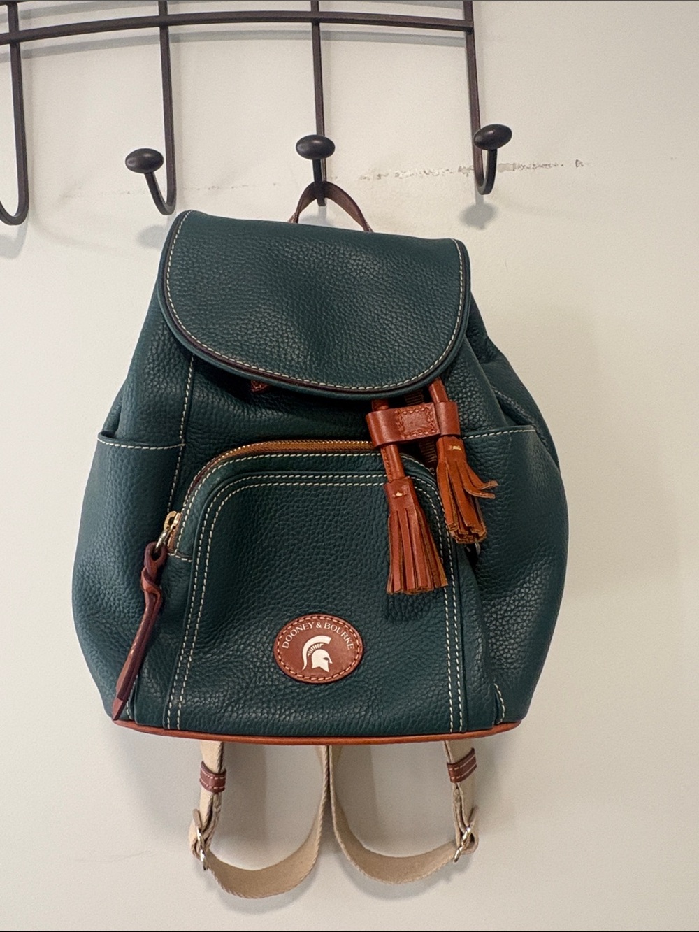 Dooney & Bourke Michigan State Green Pebbled Leather Backpack with Brown Trim